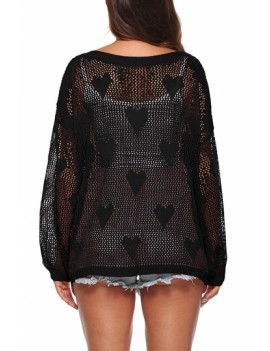 Oversized Heart Print Open Knit Sweater Black