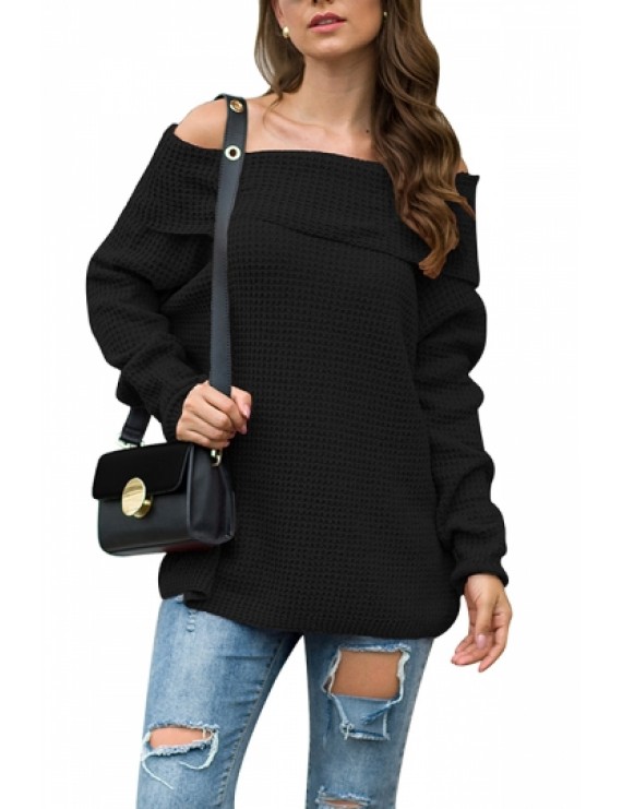 Waffle Knit Off Shoulder Pullover Sweater Black
