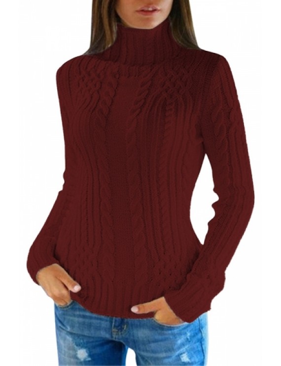 Cable Knit Turtleneck Pullover Sweater Ruby