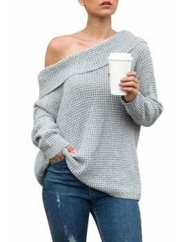 Plain Oversized Off The Shoulder Sweater Gray