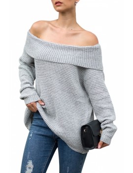 Plain Oversized Off The Shoulder Sweater Gray