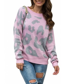 Leopard Crew Neck Pullover Sweater Pink