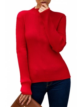 Solid Mock Neck Ribbed Knit Sweater Red