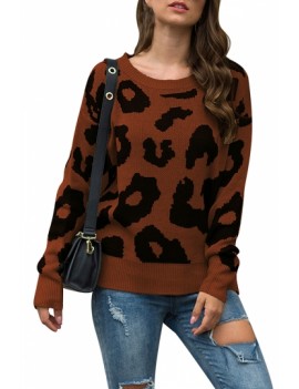 Drop Shoulder Leopard Pullover Sweater Brown