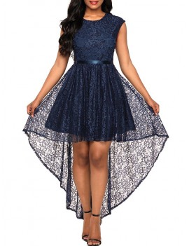 High Low Open Back Lace Party Dress - Blue Xl
