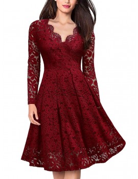 Lace V Neck Long Sleeves Swing Dress - Red Wine 2xl
