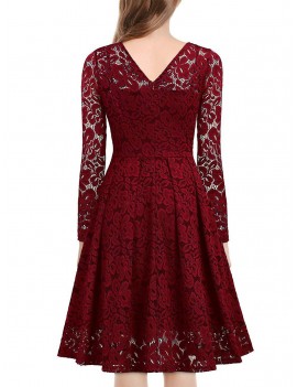 Lace V Neck Long Sleeves Swing Dress - Red Wine 2xl