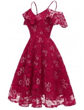 Ruffle Lace Cold Shoulder Dress - Rose Red M