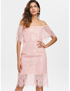 Off The Shoulder Lace Dress - Light Pink M