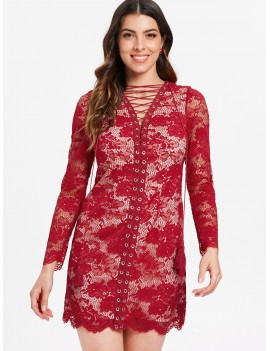 Long Sleeve Lacing Front Lace Dress - Red Wine S