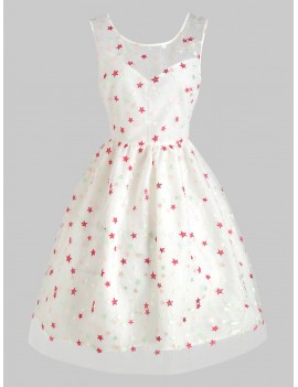 Mesh Embroidery Stars High Waist Dress - White S