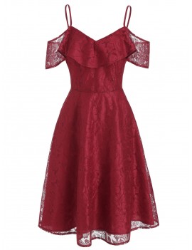 V Neck Cold Shoulder Ruffle Dress - Red Wine S