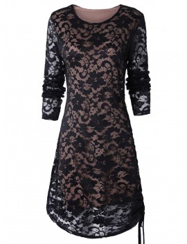 Ruched Side Full Sleeve Tunic Lace Dress - Black S