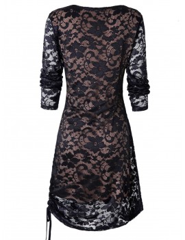 Ruched Side Full Sleeve Tunic Lace Dress - Black S