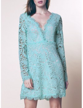 Mini Plunge Long Sleeve Lace Backless Dress - Green M