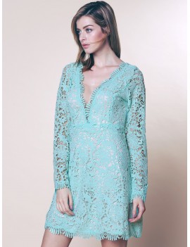 Mini Plunge Long Sleeve Lace Backless Dress - Green M