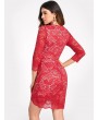 Asymmetric Lace Dress with Sleeves - Red 2xl