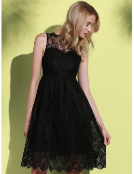 Midi Illusion Yoke Lace Party Short Prom Dress - Black S