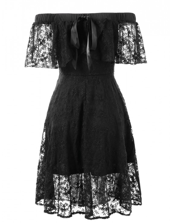 Elastic Shoulder Flare Lace Dress - Black M