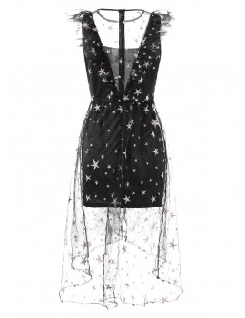 Stars Embroidery Ruffles Trim Lace Overlay Dress - Black M