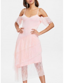Ruffles Sleeve Tiered Lace Overlay Dress - Light Pink M