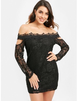 Full Sleeve Bare Shoulder Mini Lace Dress - Black L