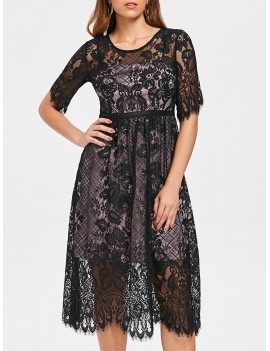 Semi Sheer Floral Lace Midi Flare Dress - Black S