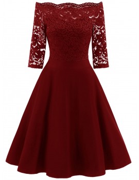 Off Shoulder Floral Lace Panel Dress - Red Wine S