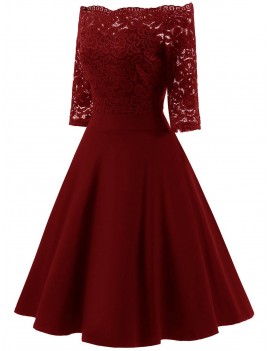 Off Shoulder Floral Lace Panel Dress - Red Wine S