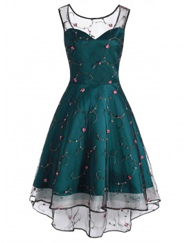 Floral Embroidered Sleeveless Lace Prom Dress - Dark Green S
