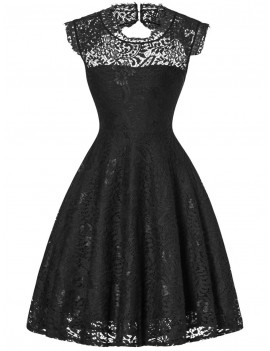 Open Back Flare Cocktail Lace Dress - Black Xl