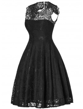 Open Back Flare Cocktail Lace Dress - Black Xl