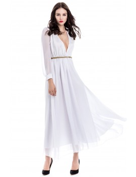 Long Sleeve Deep Plunging V Neck Slit Maxi Dress - White M