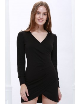V-Neck Long Sleeves Bandage Dress - Black One Size