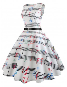 Musical Notes Print Sleeveless A Line Dress - White M
