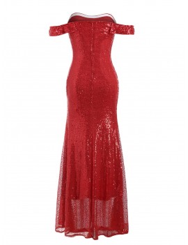 Off Shoulder Gathered Sequined Sheath Maxi Dress - Red M