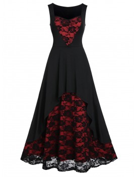 Rose Lace Insert High Low Party Dress - Black M
