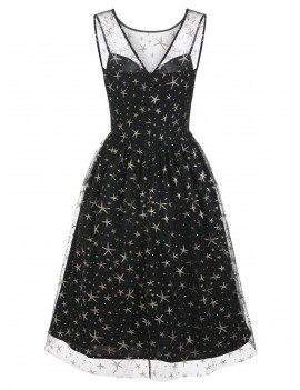 Sequins Star Mesh Overlay Party Dress - Black L