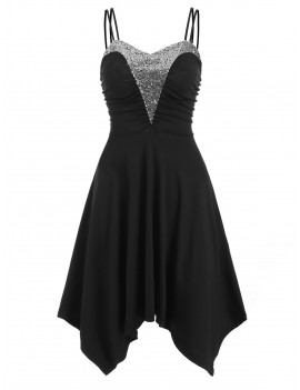Sequined Ruched Asymmetrical Sleeveless Dress - Black S