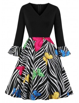 V Neck Butterfly Zebra Print Fit and Flare Dress - Black S