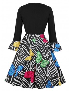 V Neck Butterfly Zebra Print Fit and Flare Dress - Black S