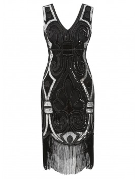 Sequined Sleeveless Sheath Flapper Dress - Black S