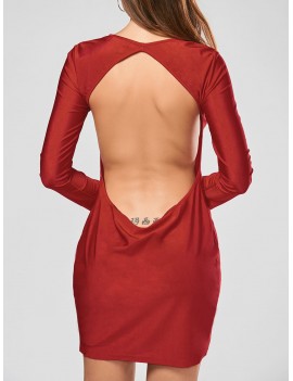 Scoop Collar Solid Color Backless Long Sleeves Women's Bodycon Dress - Red L