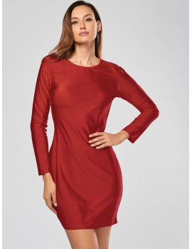 Scoop Collar Solid Color Backless Long Sleeves Women's Bodycon Dress - Red L