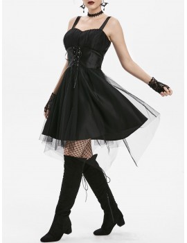 Tulle Overlay Lace Up Cami Party Dress - Black S