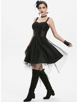 Tulle Overlay Lace Up Cami Party Dress - Black S