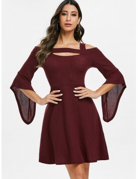 Square Collar Solid Open Shoulder Fit And Flare Dress - Red Wine L