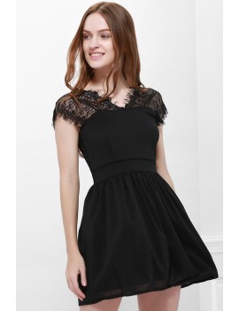 Lace Panel Backless Mini Bridal Shower Dress - Black S