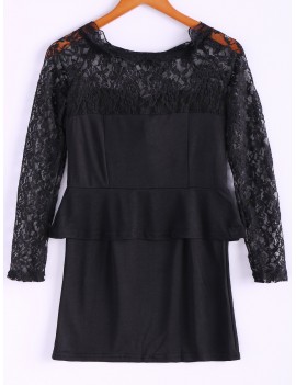 Long Sleeves Lace Splicing Boat Neck Sexy Style Women's Dress - Black One Size