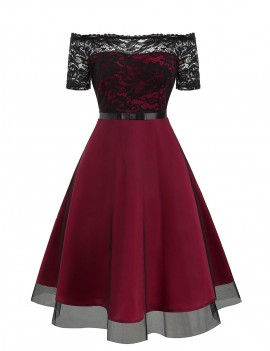Lace Bodice Off The Shoulder Tulle Semi Formal Dress - Red Wine S